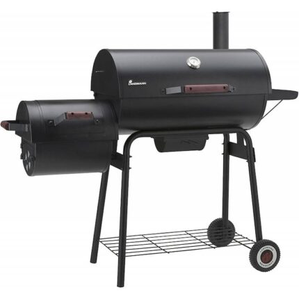 Gratar Black TAURUS Smoker,suprafata de gatiti emailata din 3 parti 66x36 cm,2 roti,termoemtru in capac,33 de kg,camera de ardere 23x32 cm,colector de cenusa