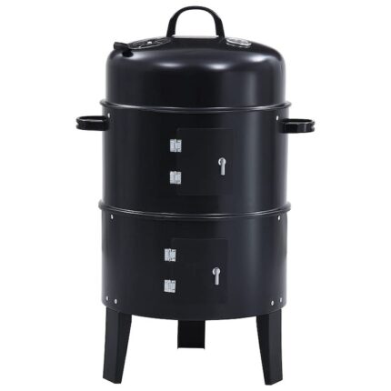 Gratar pe carbuni 3 in 1, PROCART, capac cu termometru, 2 usi, 3 compartimente cu afumatoare/grill/gatire la abur, 40x40x80 cm