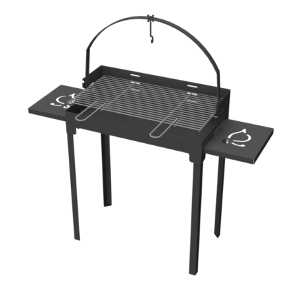 Gratar de gradina, 63x35 cm pe carbune cu suport de ceaun si doua masute laterale