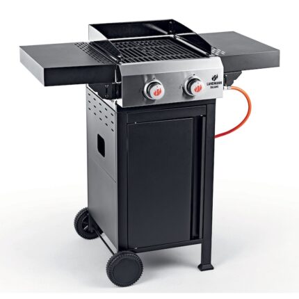 Gratar cu gaz Caliano 2.0 Landmann, 2 arzatoare, suprafata de gatit 44x34.5 cm, 98x58 cm, inaltime 105 cm, cu cuptor pentru pizza si piatra pizza 34 cm diametru incluse, 2 polite rabatabile