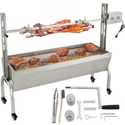 Gratar cu rotisor, capacitate 60 kg, in otel inoxidabil pentru friptura de porc si miel, cutie de copt cu motor de 40W si inaltime reglabila si roti cu blocare, potrivit pentru tabara in aer liber, petrecere, foc de tabara, gratar