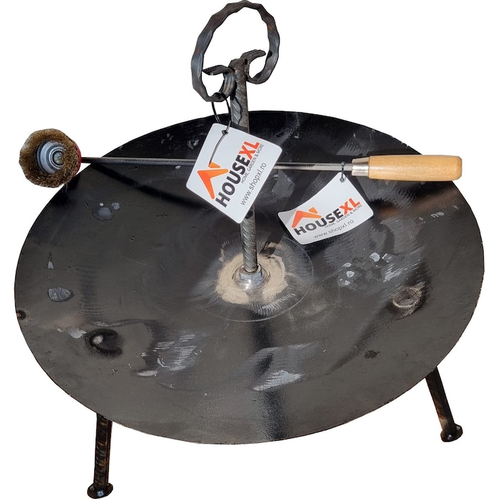Picioare detasabile Kit barbecue gratar disc din otel si perie gratar profesionala HouseXL™, Din taler de tractor, Picioare detasabile, Maner rece, Grosime 5 mm, Diametru 51 centimetri, Negru