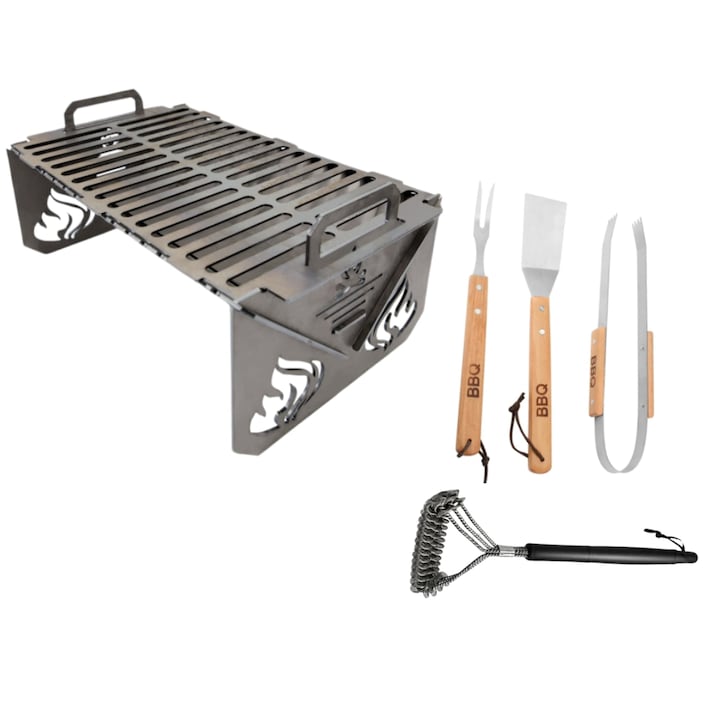 Pachet Gratar metalic pe carbuni, taiat in laser Metal Needs®, 30 x 20 cm si 4 ustensile, perie, cleste, furculita si spatula