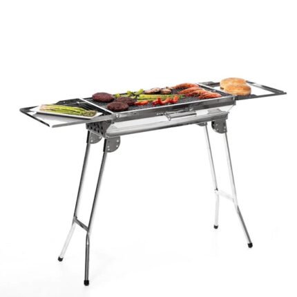 Gratar carbune portabil, pliabil, din otel inoxidabil, cu rafturi laterale, pentru camping sau gradina, 81 x 73 x 33 cm