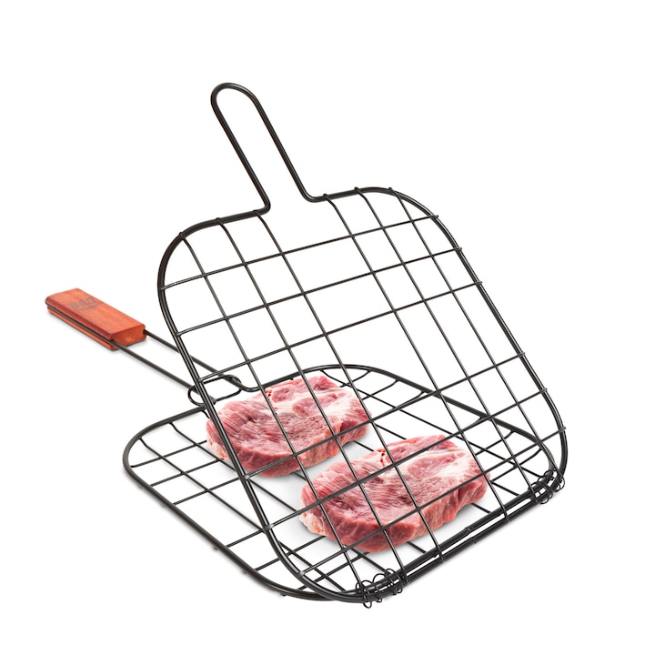 Gratar tip sandwish Mercaton® pentru carne sau legume din otel inoxidabil si maner din lemn, 490 x 210 x 10 mm