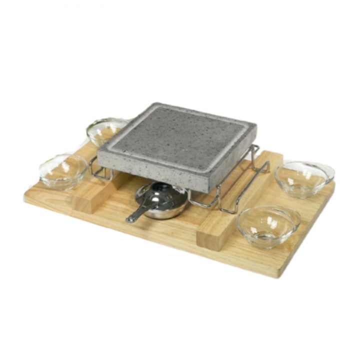 Piatra vulcanica pentru gatit cu suport din lemn natur, 9 piese, 21x21x3 cm