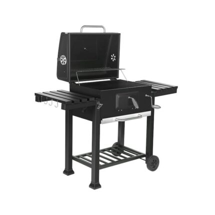 Gratar de gradina mobil, PROCART, termometru si recipient cenusa, grill XXL cu 2 rafturi pliabile, 115x46x106 cm