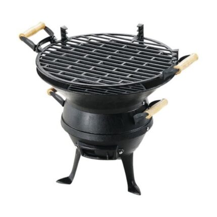 Gratar oval cu manere de lemn, Negru, 36 x 35 cm suprafata de gatit