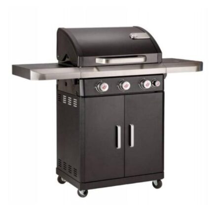 Gratar gaz Landmann Rexon 3+1 arzatoare x 3.7 kw din inox, suprafata de gatit din fonta 64 x 40 cm, termometru in capac, sistem ardere PTS, tava colectare grasime, arzator lateral 3 kw, cabinet