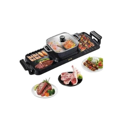 Gratar electric 2 in 1 cu hot pot, control dual al temperaturii, antiaderent, capac din sticla temperata, 2400W, multicolor, 73.4x26.4x19cm