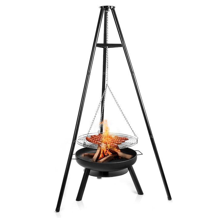 Vatra de foc cu cadru, Lehmann Montana, diametru 60 cm, inaltime 167 cm, rezistenta 500-600°C, otel acoperit cu pulbere, 12 kg, negru