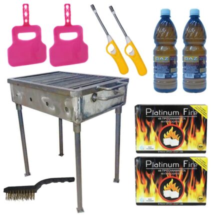 Pachet - Gratar gradina sau camping, Din tabla neagra, Portabil, 40x30cm + 2 x Evantai pentru gratar + 2 x Cutie pastile aprins focul + 2 x Gaz lampant, 800ml + 2 x Bricheta cu prelungitor flexibil + Perie sarma