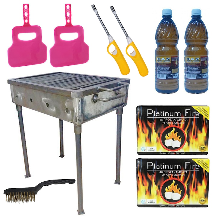 Pachet - Gratar gradina sau camping, Din tabla neagra, Portabil, 40x30cm + 2 x Evantai pentru gratar + 2 x Cutie pastile aprins focul + 2 x Gaz lampant, 800ml + 2 x Bricheta cu prelungitor flexibil + Perie sarma