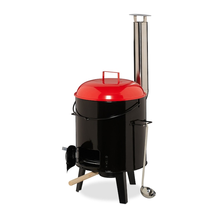 Cazan de gatit cu lemne, cu ceaun pentru mancare si supe cu capac, 14 l, gratar, din email si inox, Relaxdays