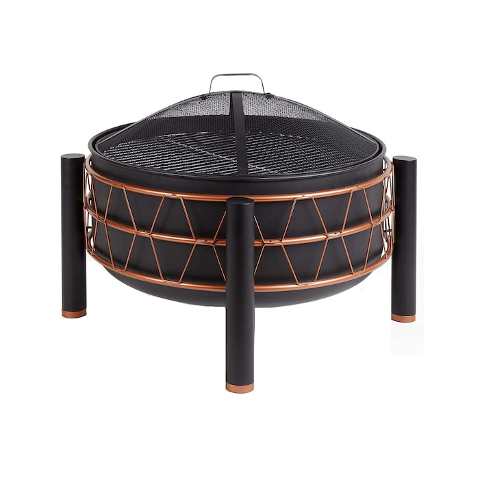 Semineu pentru exterior din otel cu finisaj de cupru VonHaus 2500253, contine sarma pentru gratar, vatrai, grilaj de protectie scantei, rezistent la interperii, Dimensiuni 73cm X 63cm X 53cm