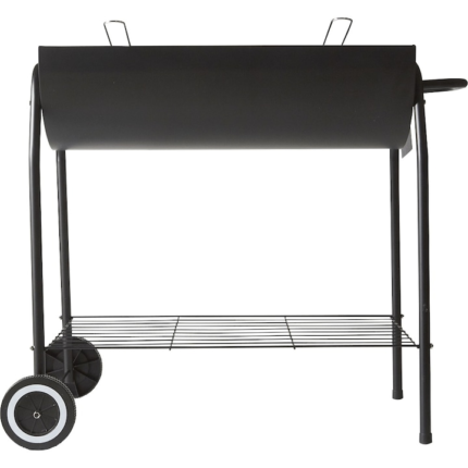 Gratar Barrel pe carbune cu manere si roti, din otel placat cu crom, negru, 49x92x76 cm