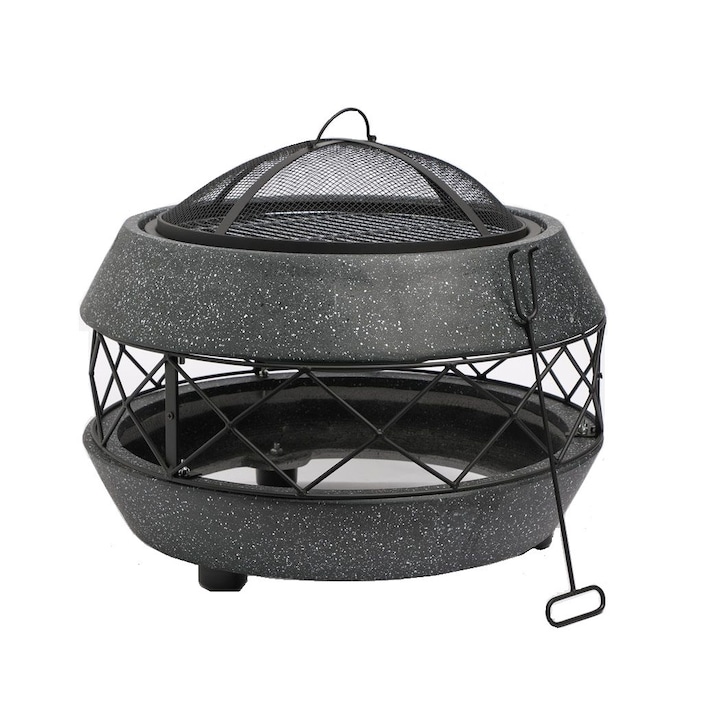 Semineu pentru exterior din beton artificial VonHaus 2500563, rezistent la interperii, cu grilaj de protectie scantei, Dimensiuni 37cm x 60cm x 60cm