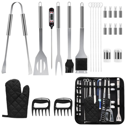Set Ustensile pentru Gratar BYONDSELF® 25 Piese Inox, cu termometru digital, geanta de transport, gheare pentru carne
