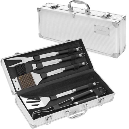 Set accesorii gratar Lehmann din otel inoxidabil de calitate superioara, geanta transport din aluminiu captusita