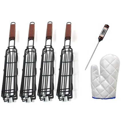 Set pentru Gratar compus din 4 grile extra lungi din otel inoxidabil cu maner de lemn plus manusa si termometru digital pentru carne, legume, fructe de mare