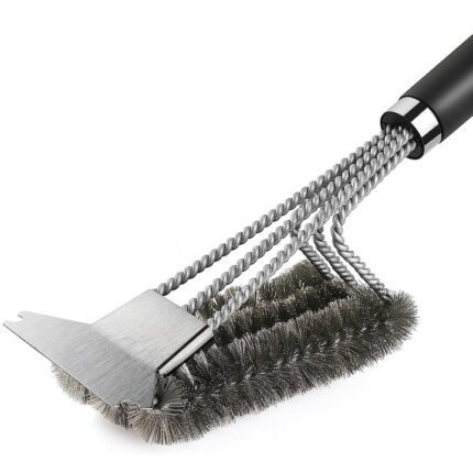 Perie gratar, JENUOS®, inox, 3 in 1, sarma si racleta, Argintiu