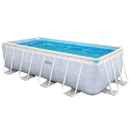 Piscina rectangulara cu filtru 1.7 m³/h Chevron Intex, 400x200 cm, inaltime 100 cm, cartus filtru si prelata protectie incluse, PVC/otel, volum 6836 l, gri/albastru