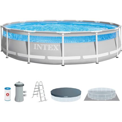 Piscina Intex Clearview 26722NP, cadru metallic, componenta: pompa de filtrare, scara, folie pentru baza si prelata, 4.27mx1.07m