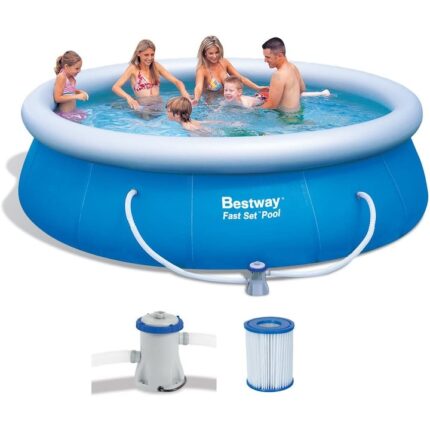 Piscina rotunda Bestway gonflabila 305 x 76 cm, Albastra cu pompa de filtare, kit de reparatie si furtune de conexiune