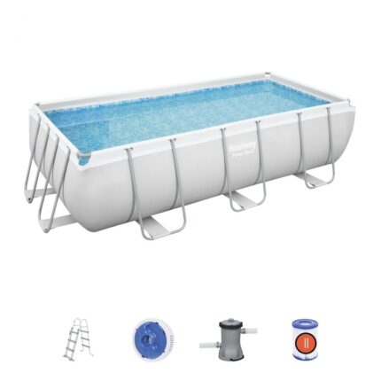 Set piscina cu filtru de curatare si scara, Bestway, PVC/Plastic, 6478 L, 404x201x100 cm, Alb/Gri