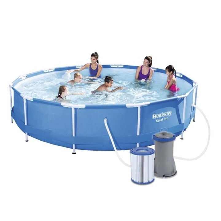 Set piscina rotunda, cu pompa de filtrare, cadru metalic, 366 x 76 cm, rezerva filtru pompa piscina si lichid 1l pentru limpezirea apei