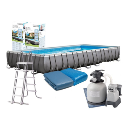 Piscina Intex 26378NP Prism Ultra Frame Set, pompa + Kit mentenata, scara, panou protectie si fileu volei inclus, 9.75m x 4.88m