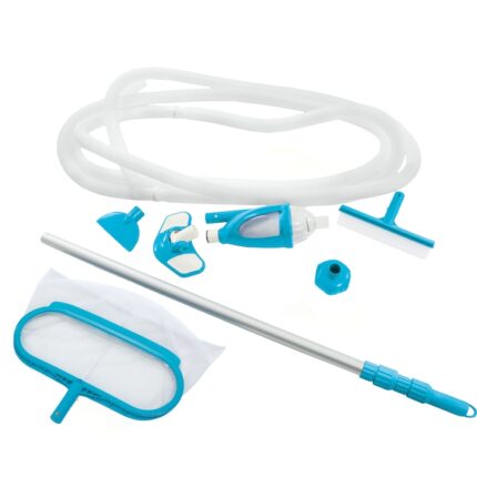 Set de curatare piscina, Intex, maner telescopic, cap de aspirator, plasa de extractie, perie, aspirator cu conector si prefiltru