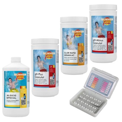 Set pentru curatarea si intretinerea piscinei, Algicid, Clor Rapid, pH Plus Granulat, pH Minus si Kit testare pH, Summer Fun