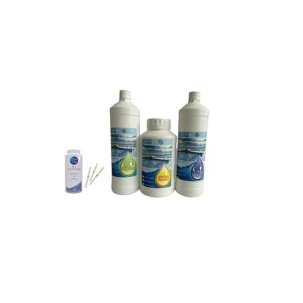 Pachet Solutii Piscina, apa cristal, Ph minus granulat 1.5kg, Algenex 1ltr, Liqui Floc Super S 1ltr, tester benzi