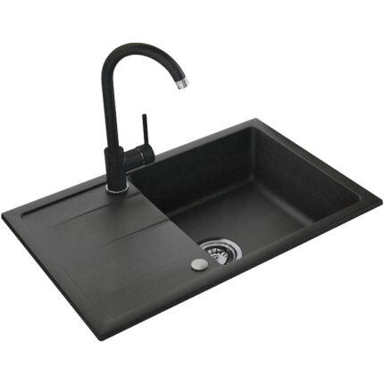 Pachet chiuveta bucatarie granit cu scurgator si baterie Kring, compozit granit, 670x440mm, adancime 150mm, reversibila, montare pe blat, negru