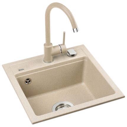 Pachet chiuveta bucatarie Kring + baterie Kring Sevilla, compozit granit, 440x440mm, adancime 170mm, montare pe blat, Bej