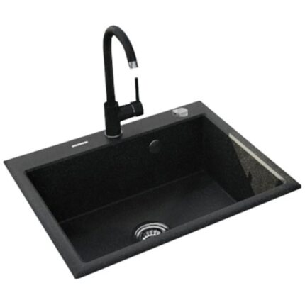 Pachet chiuveta bucatarie granit cu baterie Kring, compozit granit, 600x520mm, adancime 197mm, montare pe blat, negru