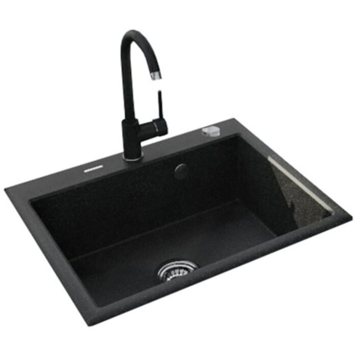 Pachet chiuveta bucatarie granit cu baterie Kring, compozit granit, 600x520mm, adancime 197mm, montare pe blat, negru