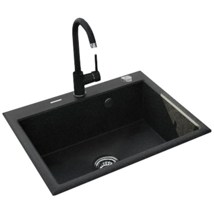 600x520mm Pachet chiuveta bucatarie granit cu baterie Kring, compozit granit, 600x520mm, adancime 197mm, montare pe blat, negru