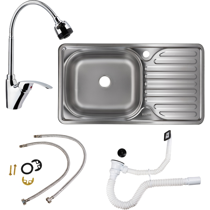 inox Pachet chiuveta bucatarie + baterie Freddo SET7002S, cuva stanga, inox, 760x420 mm, adancime cuva 160mm, Sifon Q32 preaplin