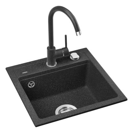 Pachet chiuveta bucatarie Kring + baterie Kring Sevilla, compozit granit, 440x440mm, adancime 170mm, montare pe blat, Negru