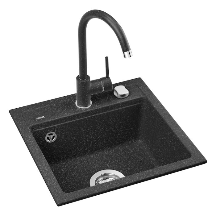 Pachet chiuveta bucatarie Kring + baterie Kring Sevilla, compozit granit, 440x440mm, adancime 170mm, montare pe blat, Negru