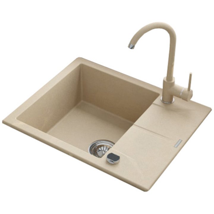 590x490mm Pachet chiuveta bucatarie granit cu semiscurgator si baterie Kring, compozit granit, 590x490mm, adancime 180mm, reversibila, montare pe blat, bej