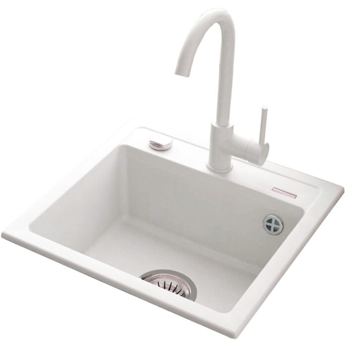 Pachet chiuveta bucatarie granit cu baterie Kring, compozit granit, 440x440mm, adancime 170mm, montare pe blat, alb