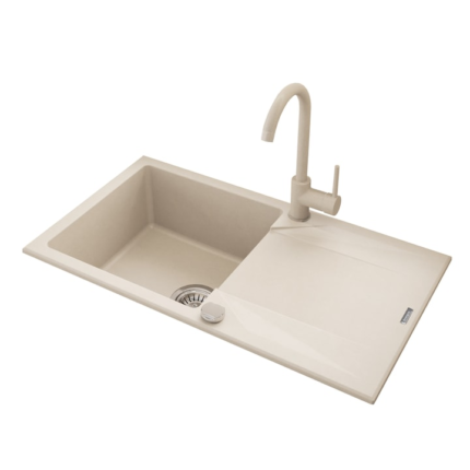 Pachet chiuveta bucatarie granit cu scurgator si baterie Kring, compozit granit, 780x440mm, adancime 170mm, reversibila, montare pe blat, crem