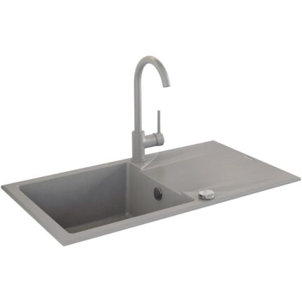 Pachet chiuveta bucatarie granit cu scurgator si baterie Kring, compozit granit, 780x440mm, adancime 170mm, reversibila, montare pe blat, gri