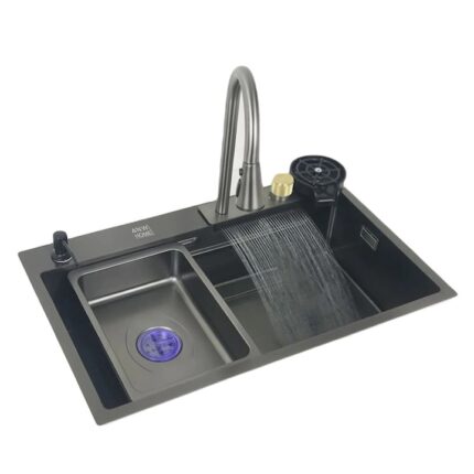 Chiuveta din otel 7545 cu cascada baterie lebada flexibila, cu cos de spalat fructe, accesorii de culoare grafit