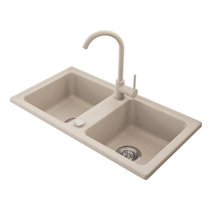 Pachet chiuveta bucatarie granit cu doua cuve si baterie Kring, compozit granit, 780x435mm, adancime 165mm, montare pe blat, crem