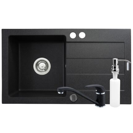 Pachet 3in1 chiuveta bucatarie granit Pyramis Cristal + Baterie + Dozator detergent lichid, 760x440mm, adancime 170mm, montare pe blat, cuva stanga, Negru