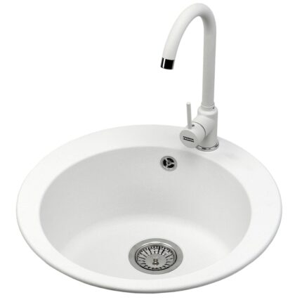 Pachet chiuveta bucatarie Franke ROG 610 + baterie Franke Pola 1.0, fragranite, diametru 51cm, alb